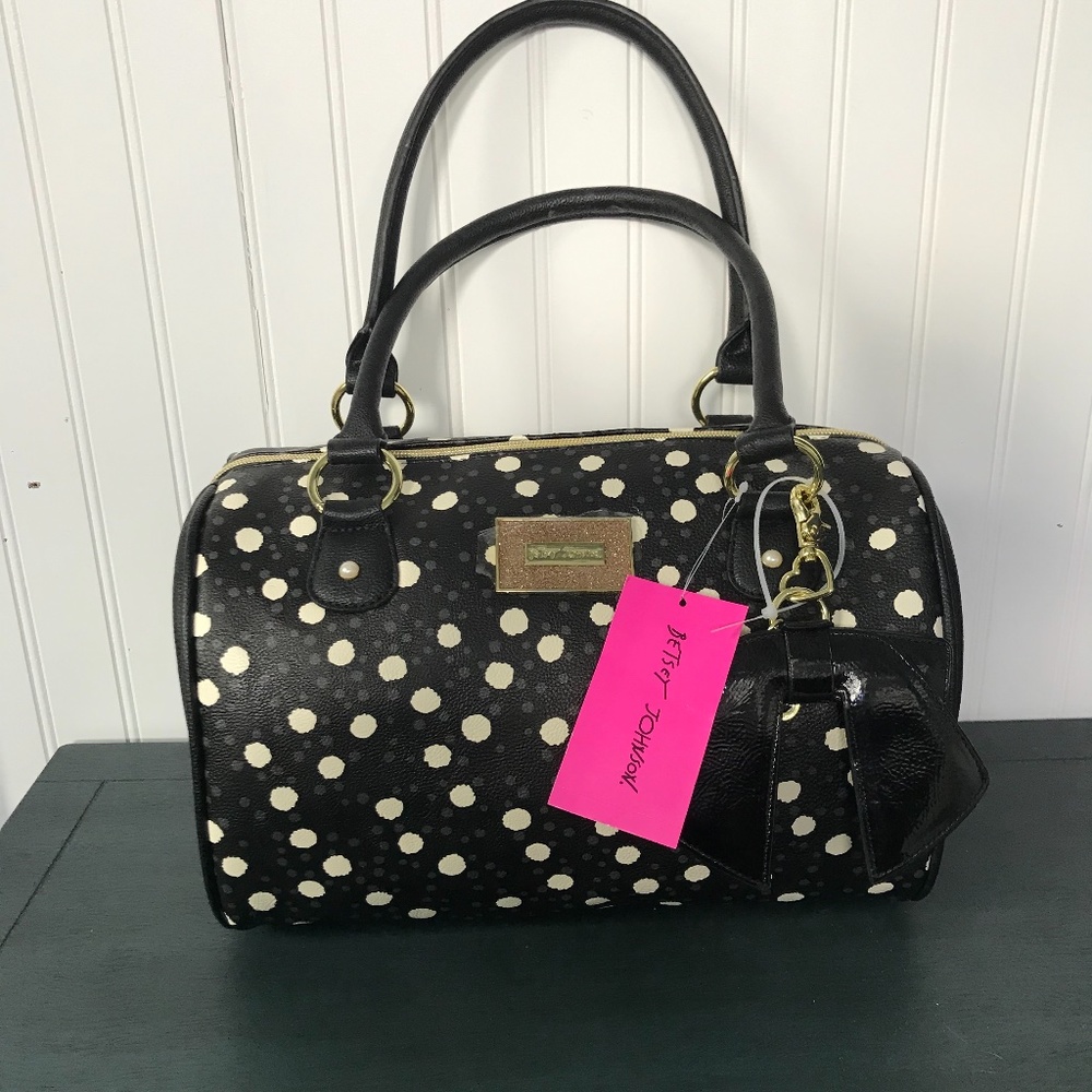 Betsy Johnson Large Dots Satchel Handbag BB16950 Black White